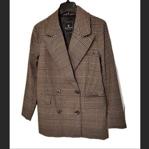 Brown and Black Plaid Double-Breasted Blazer - Sz Med